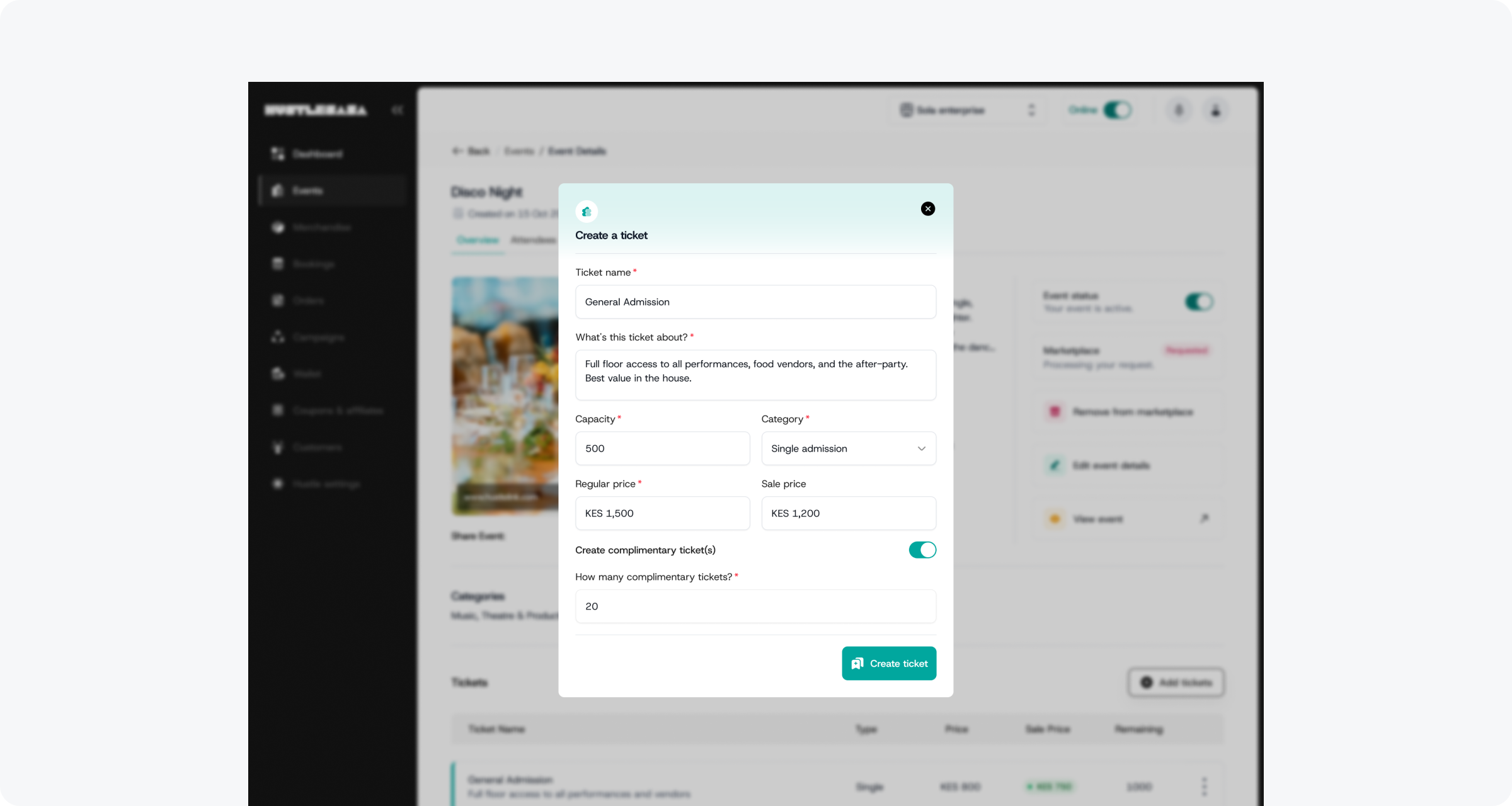 Create a ticket modal (empty) with complimentary toggle, opened from event dashboard